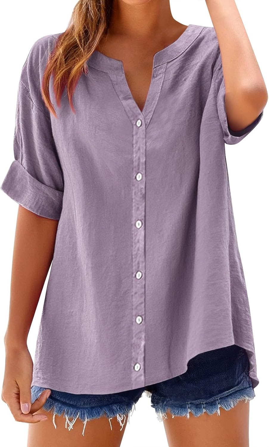 Linen Shirts for Women 2025 Summer Cotton Short Sleeve Button Down Blouses Casual Oversized Solid Color Tunic Tops