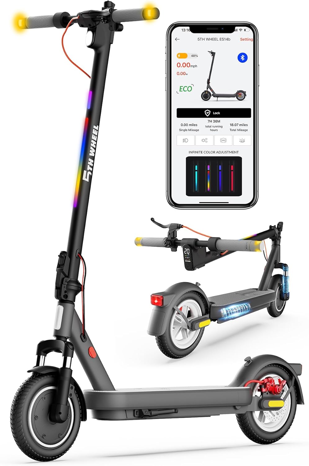 5TH Wheel V40 PRO Electric Scooters, 48V 800W Peak Motor & 20 MPH, 24.9 Miles Range, 10" Solid Tires, Front-N-Rear Suspension and Ambient Light, Folding Sport Scooters with Dual Brake System and APP