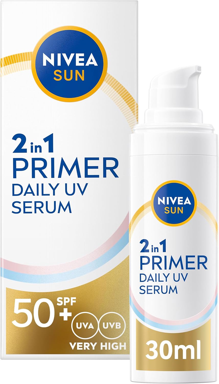 NIVEA SUN UV 2in1 Primer Daily UV Serum SPF50+ (30ml), Frangrance-Free Sunscreen with High SPF, Ideal as Makeup Base, Moisturising Formula with Hyaluron, No White Cast