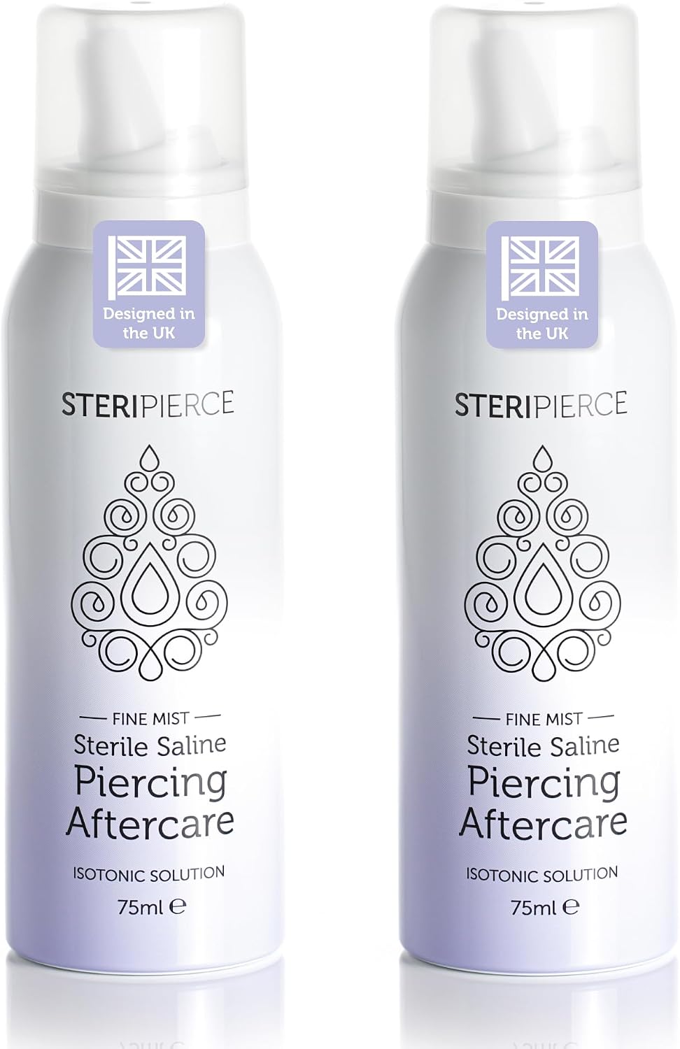 SteriPierce - Sterile Saline Solution, Piercing Cleaning Solution for Nose, Ears, and Body Piercings, Contactless with Angled Nozzle, Non-Irritating and Hypoallergenic, Vegan, Cruelty Free (2 x 75ml)