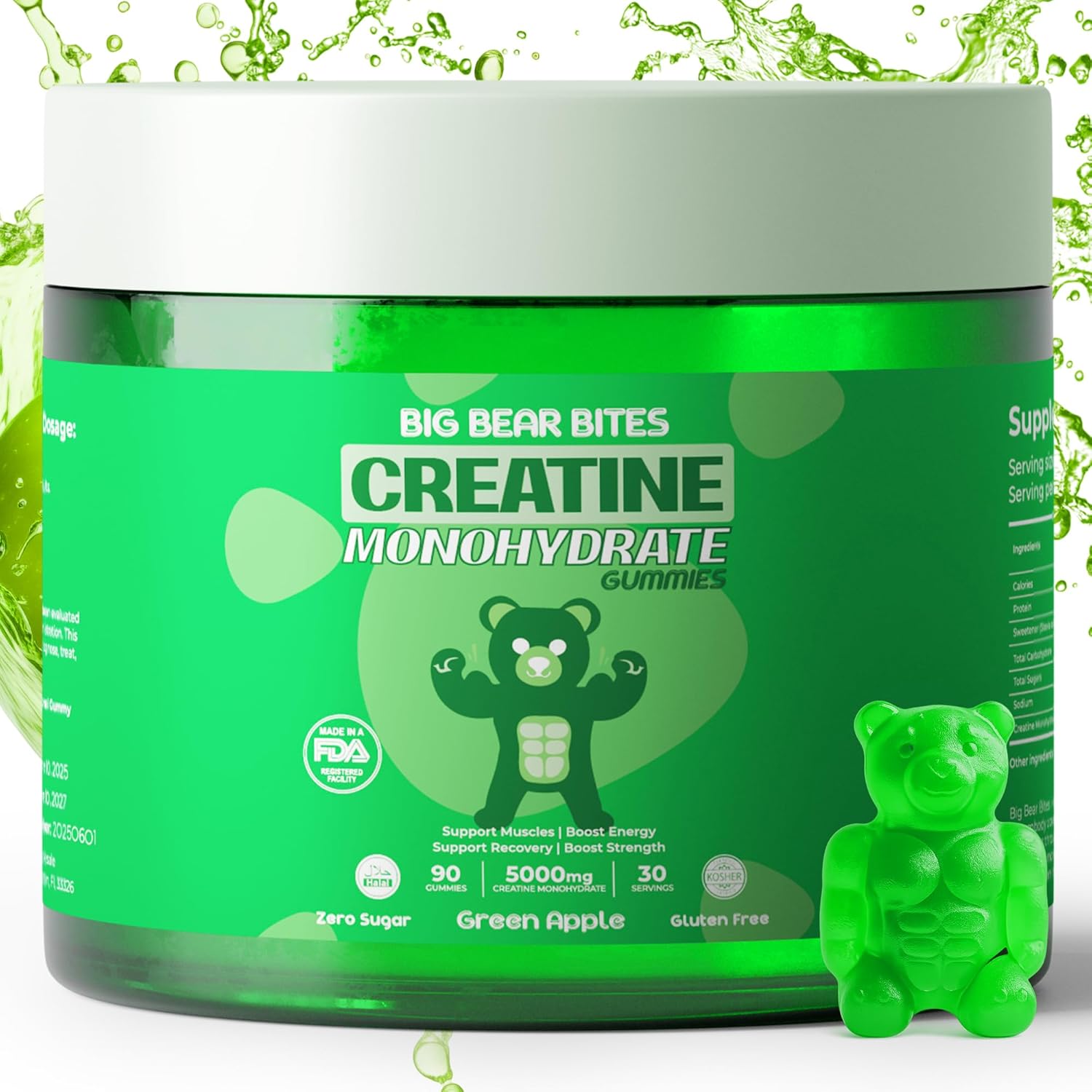 Creatine Monohydrate Gummies for Men & Women | 5000mg of Creatine Gummies per Serving | Sugar, Gluten Free & Halal | Pack of 90 for Pre Workout Support | Green Apple Flavor
