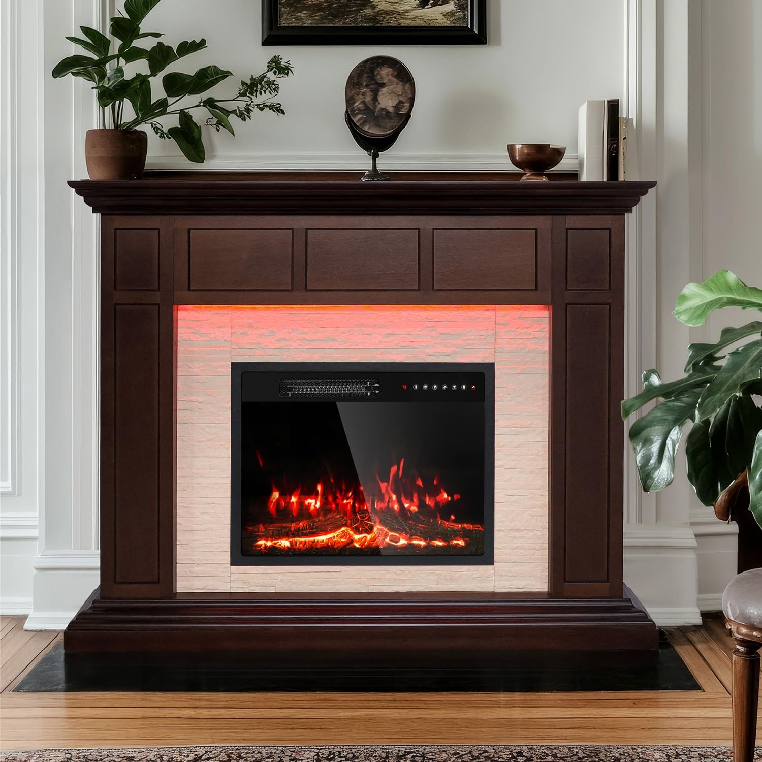 50”Electric Fireplace with Mantel, Fireplace TV Stand with 23”Electric Fireplace Heater, Remote Control, Adjustable Led 3D Realistic Flame, Corner Fireplace for Living Room, Bedroom, Coffee