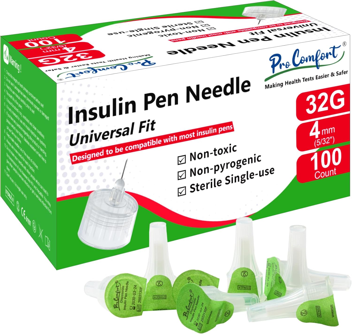 32G 4mm (5/32") Insulin Pen Needles, 100 Count Diabetic Needles for Insulin Injections, Universal Fit Compatible with Most Pen Injector Device Super Thin for Diabetes Comfortable Injection