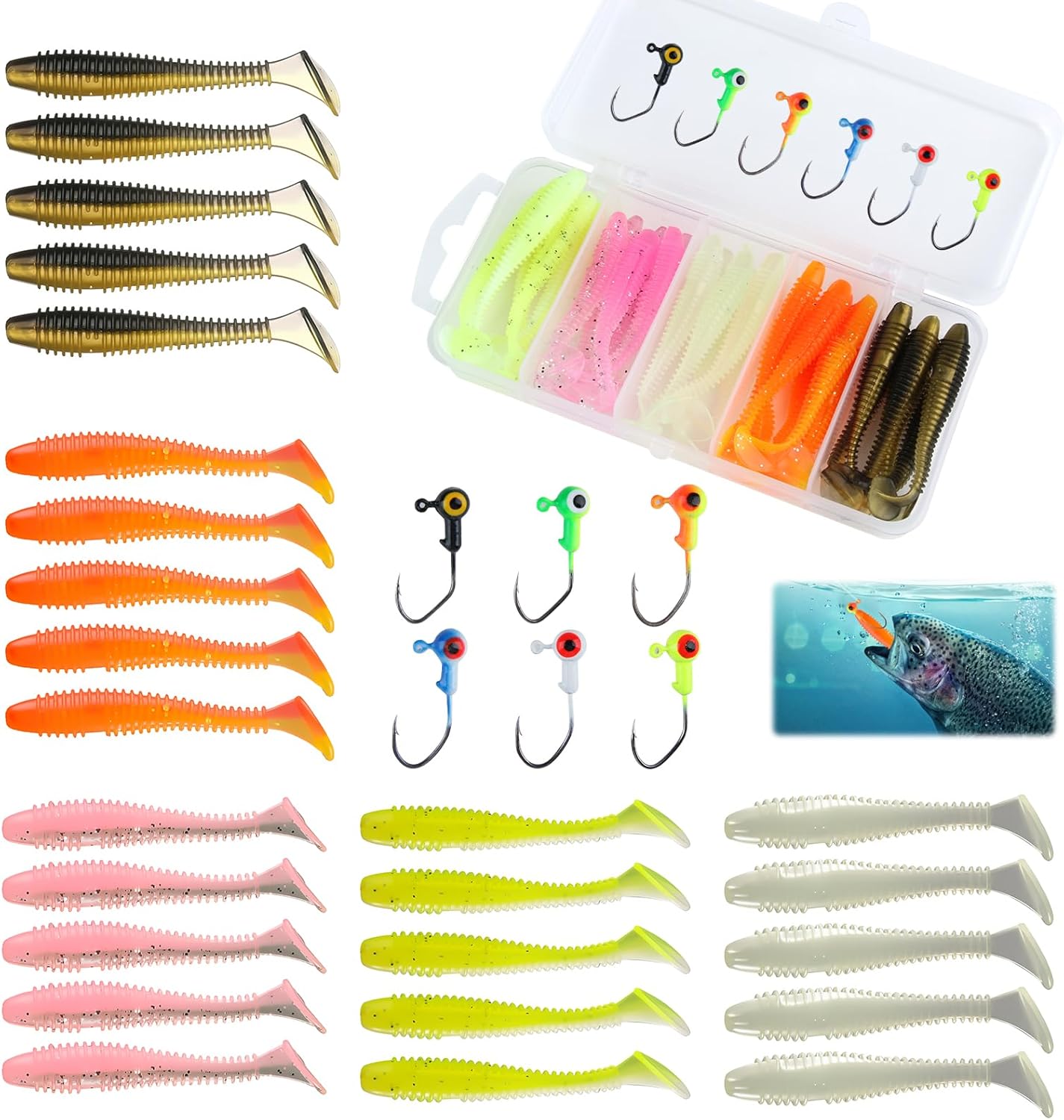Fishing Lures, with Heads Hooks Set 36 Pcs Easy Catching Bait for Family, All-Conditions Gear for Bass Trout Walleye, Crappie Fishing Jigs