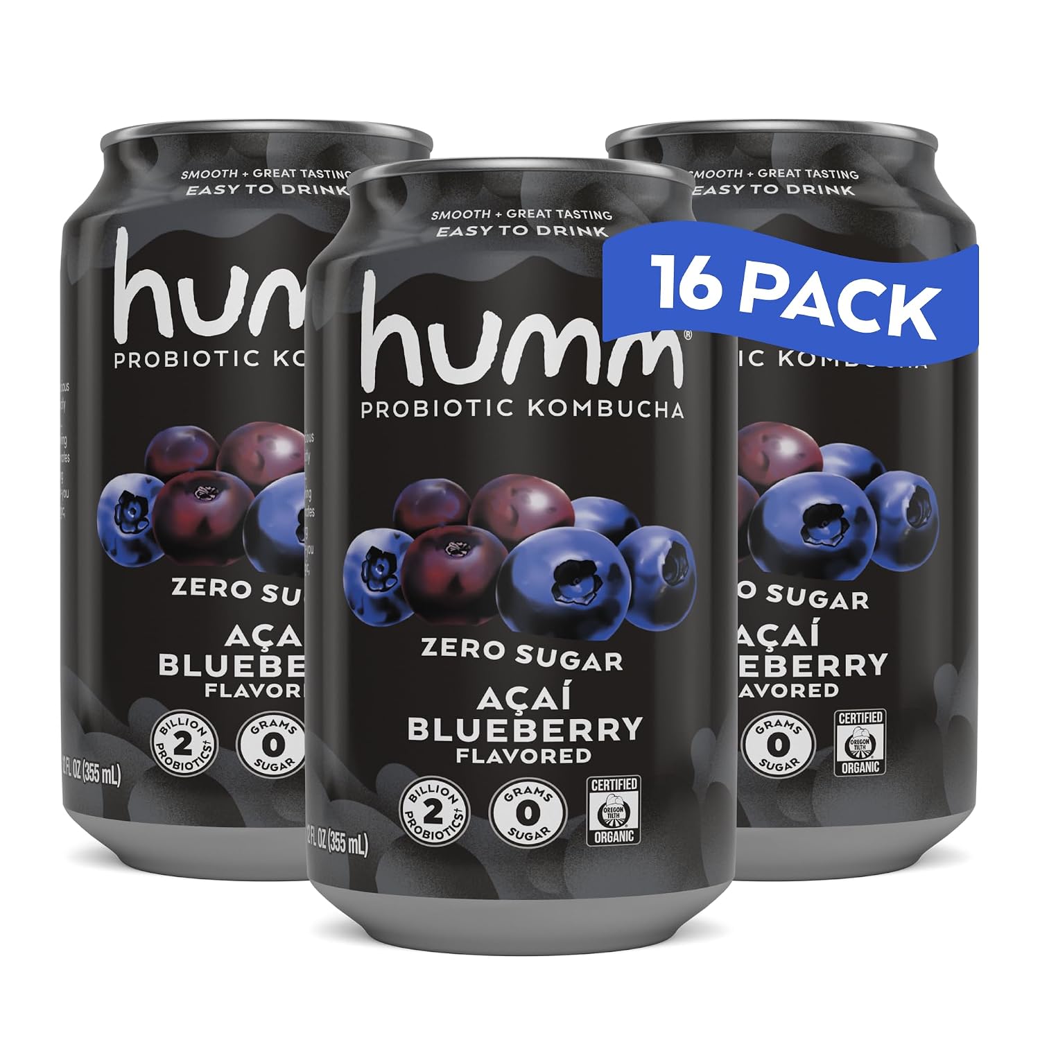 Humm Probiotic Kombucha Zero Sugar Acai Blueberry, No Refrigeration Needed, Keto Friendly, Organic, Vegan, Gluten Free, 12oz Cans (16 Pack)
