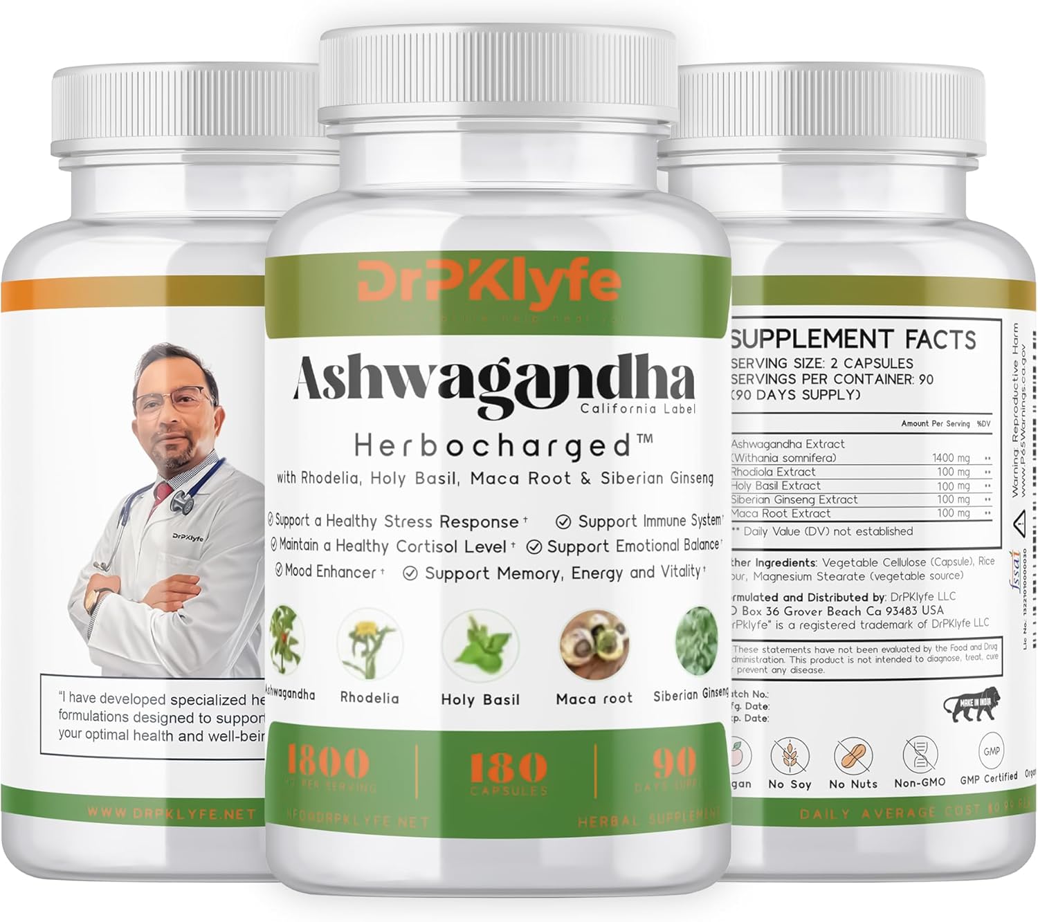 Ashwagandha Complex 5-1 Blend with Rhodiola Rosea Supplement, Maca Root, Holy Basil, Siberian Ginseng for Stress Relief, Focus, Sleep, Energy, Vitality - 180 Capsules, US Lab Certified.