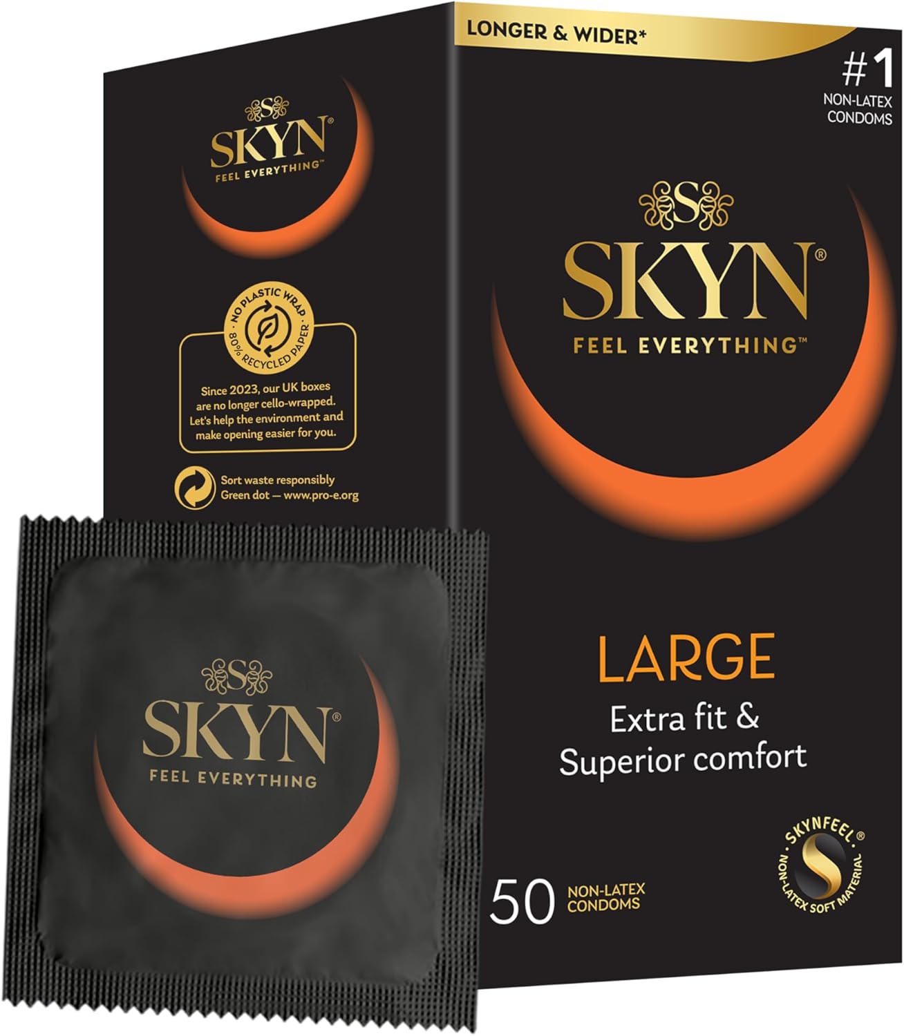SKYN Large Condoms Pack of 50 / Skynfeel Latex Free Condoms for Men, Extra Large Condoms, XL Condoms, Thin Condoms, Smooth Straight Shape, 56mm Wide