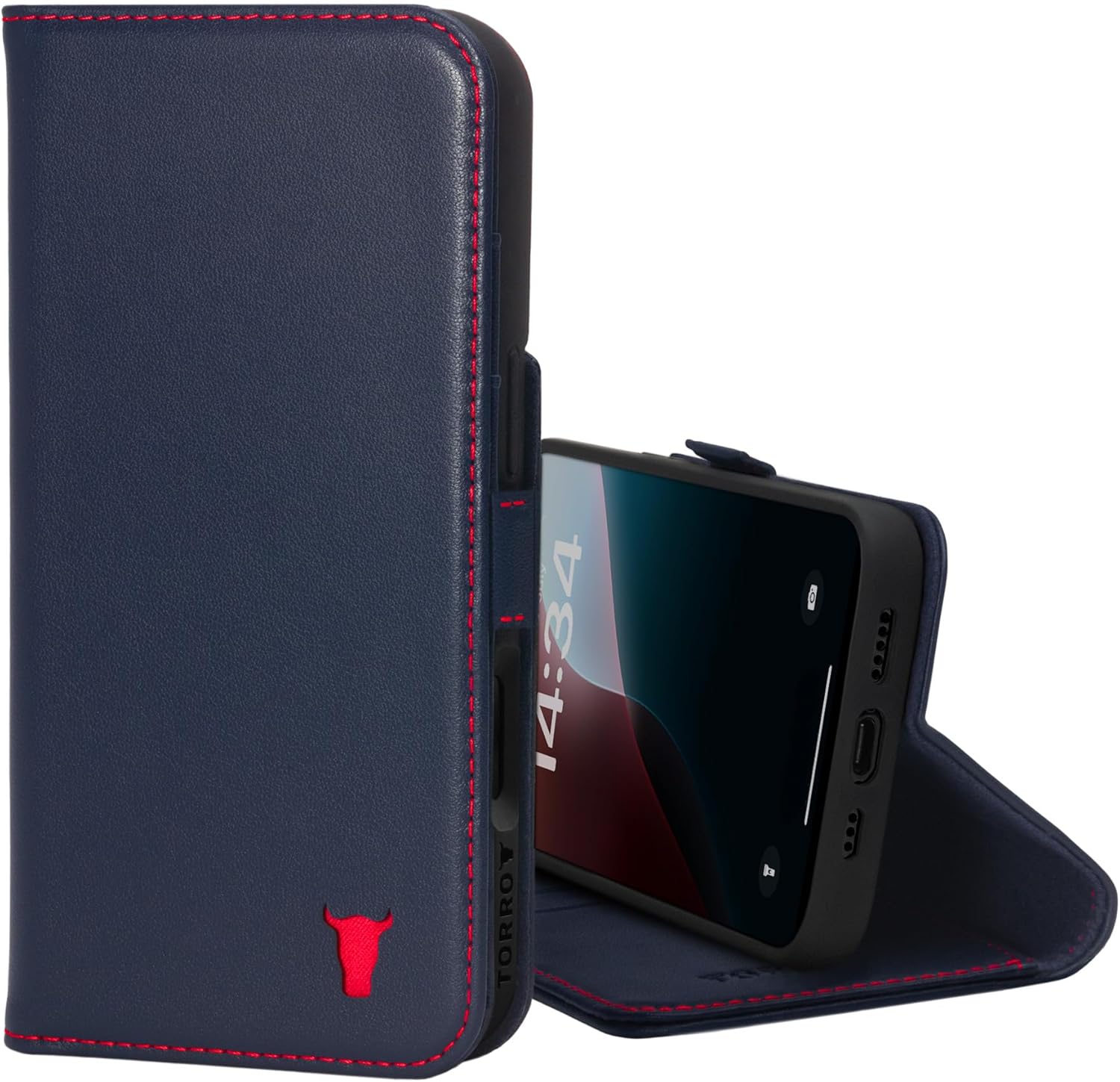 TORRO Leather Case Compatible with iPhone 16 Pro – Premium Leather Wallet Case with Kickstand and Card Slots (Compatible with Official MagSafe Chargers) - Navy Blue