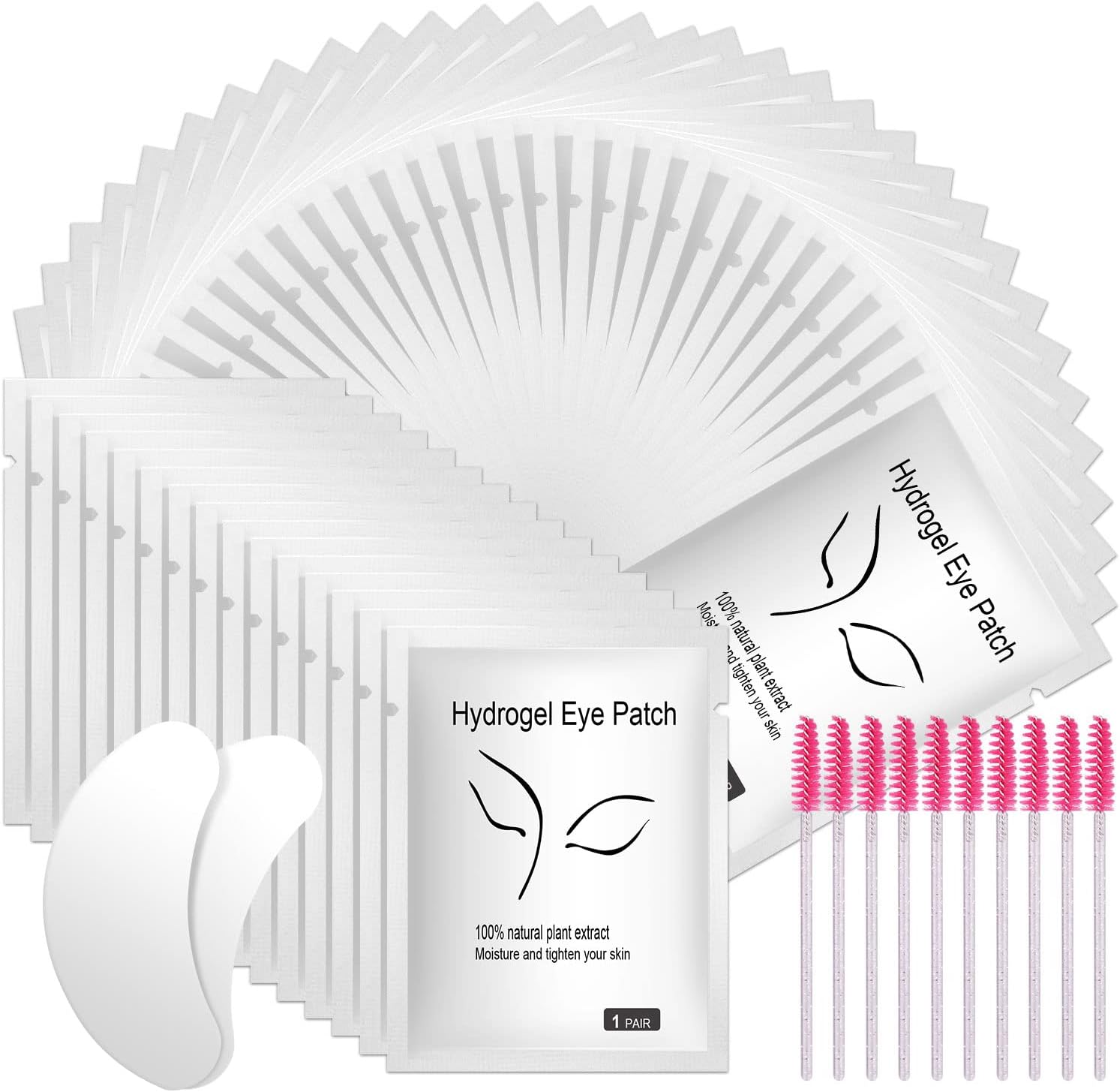 URAQT Eye Gel Pads, 50 Pairs Eyelash Extension Pads Lint Free Eye Lash Patches with 10 Eyelash Brush, Under Eye Gel Pads Premium Eyelash Pads for Pro Salon and Individual Eyelash Extension