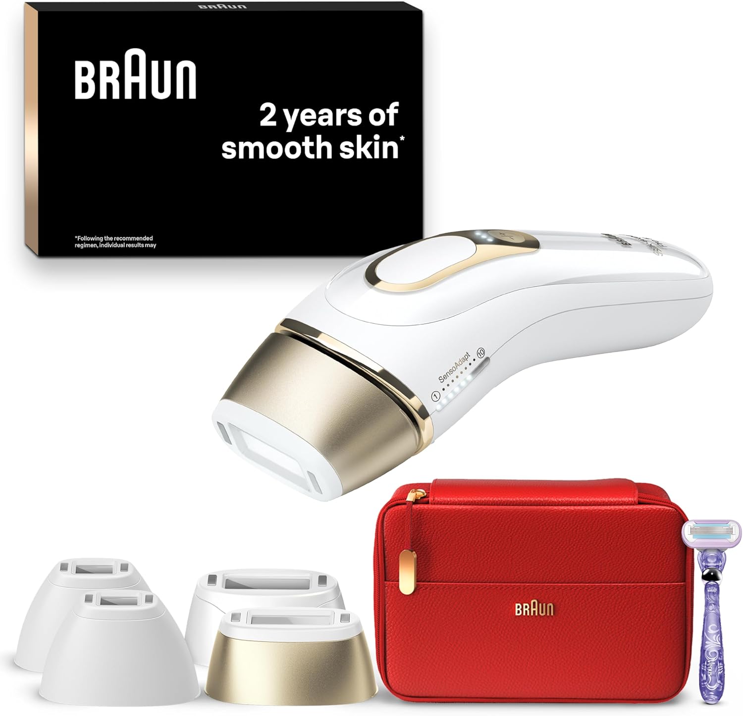 Braun IPL Silk Expert Pro 5, At Home Hair Removal, Alternative For Laser Hair Removal, Includes Pouch, Wide Head, 2 Precision Heads And Venus Razor, Gift For Women, White/Gold, PL5387