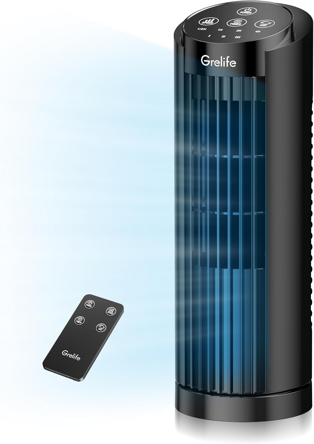 Grelife Tower Fan with Remote Control, Fast Cooling Desktop Fan, 90° Oscillation, 3 Speeds, 3 Wind Modes, Touch Screen, Auto Timer, Ideal for Home, Office Bedroom