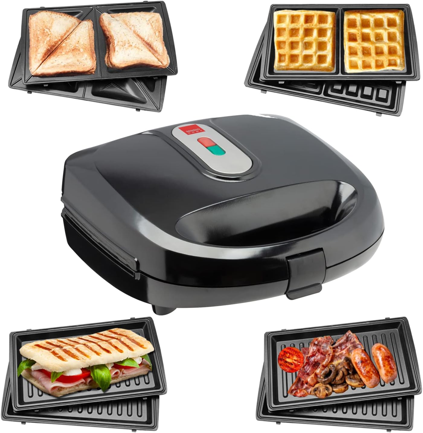 Sensio Home Multi Functional 3 in 1 Stylish Waffle, Deep Fill Sandwich, Panini or Grill Maker Machine Interchangeable Non Stick Easy Clean Plates, Secure Lock Plus Ready & Power Lights, Powerful Iron