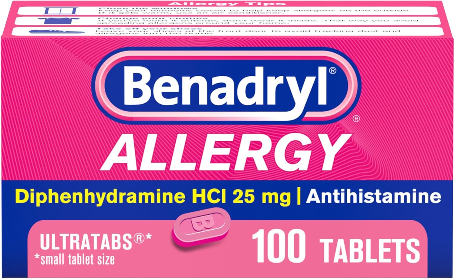 Benadryl Allergy Medicine for Adults and Children 6 Years and Older, Ultratablets, 25 mg Diphenhydramine HCl for Indoor and Outdoor Allergies, Antihistamine Tablets, 100 Count Size