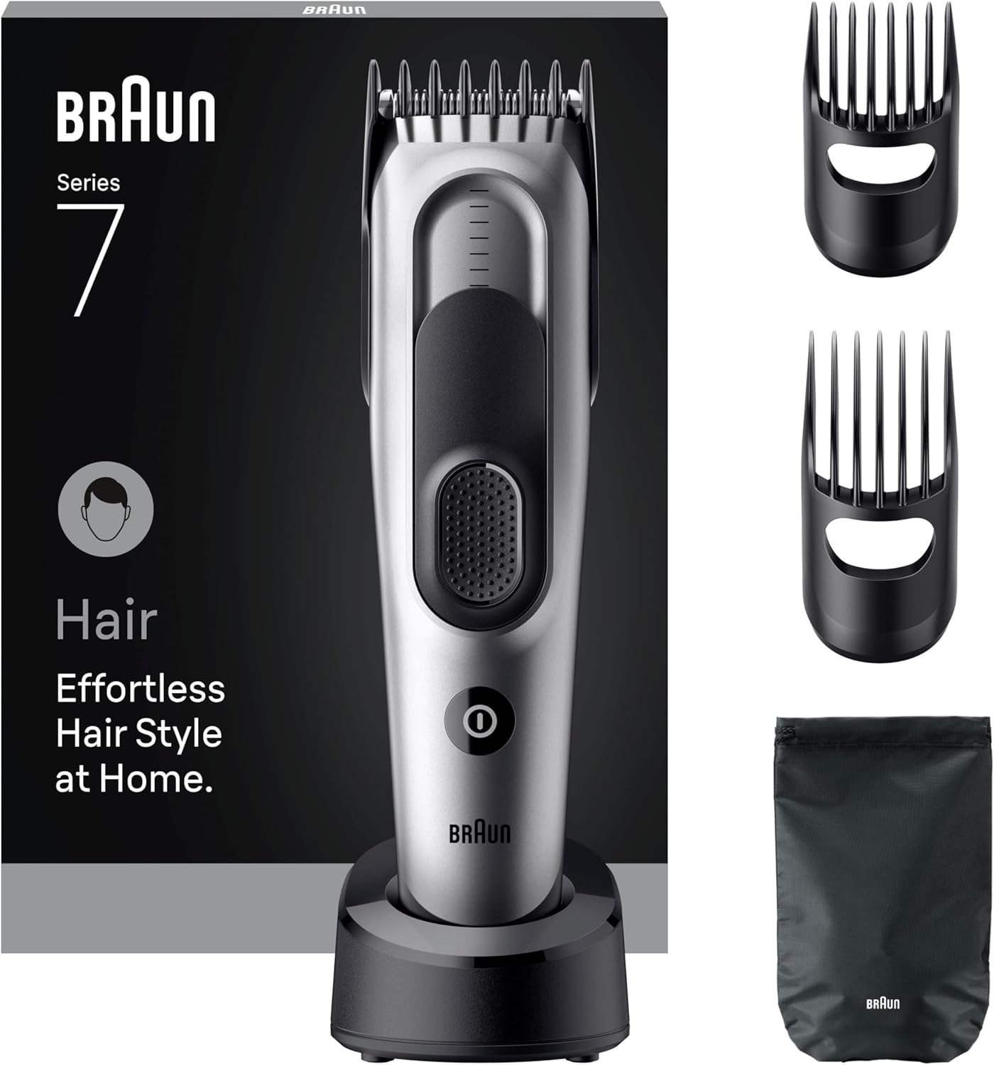 Braun Hair Clipper Series 7, Professional Men's Hair Clippers, 5+ Styling Tools, 17 Lengths, Lifetime Sharp Blade, 50 Min Runtime, Cordless, Washable, HC7590 - Grey