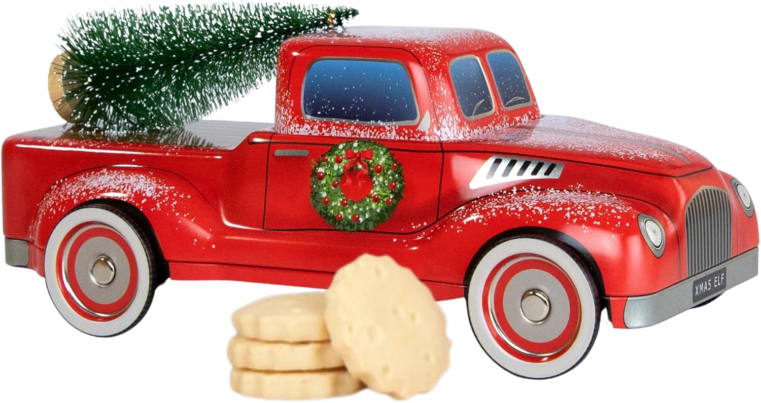 Christmas Truck with Tree Biscuits Tin - Traditional Scottish Shortbread Biscuit Gift Set, Festive Filled Tins of Biscuits, Novelty Christmas Gifts - Luxury Biscuit Gift Sets for Women & Men