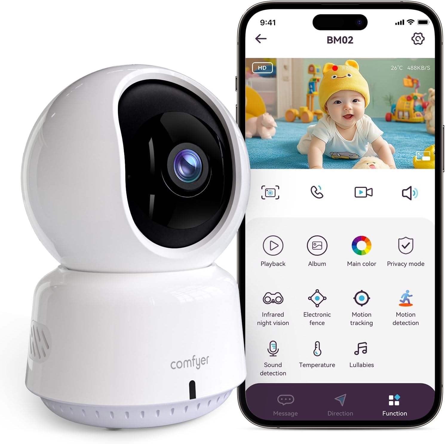 Comfyer Baby/Pet Monitor for Indoor Security, Monitoring with Smart Phone app, 2K QHD Resolution, Auto Tracking/Motion Dection, 2-Way Audio Talk, Night Vision, Pan-Tilt Camera