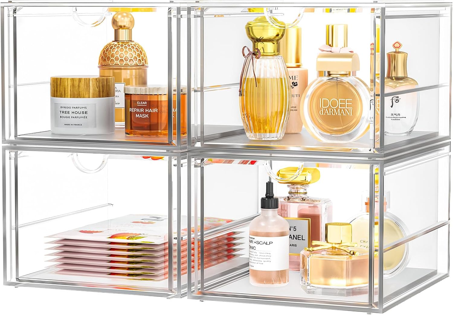 4 Pack Stackable Storage Drawers, Acrylic Cosmetic Drawer, Clear Desk Accessories, Latest Model Dustproof Drawer Storage for Dresser, Bathroom