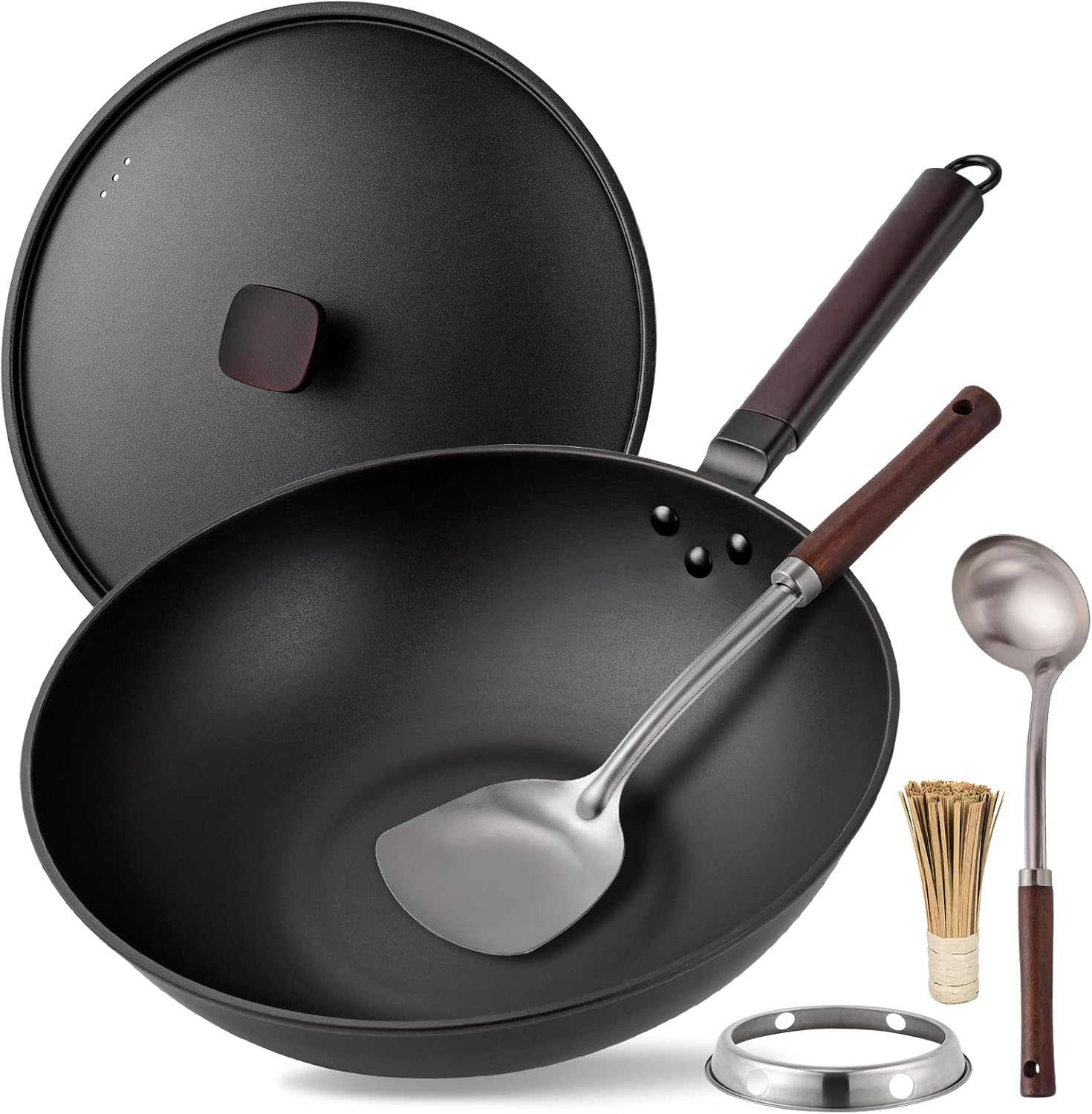 Carbon Steel Wok Pan - 12.9" Wok Pan with Lid, Woks & Stir-fry Pans, No Chemical Coated Chinese Wok with 4 Cookware Accessories Flat Bottom Wok for Induction, Electric, Gas, All Stoves