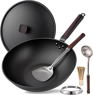 Carbon Steel Wok Pan - 12.9" Wok Pan with Lid, Woks & Stir-fry Pans, No Chemical Coated Chinese Wok with 4 Cookware Accessories Flat Bottom Wok for Induction, Electric, Gas, All Stoves