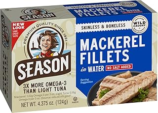 Season Mackerel in Water - Skinless & Boneless, No Salt Added, Wild Caught, Keto Snacks, Canned Mackerel Fillets, Full of Vitamins, Low in Mercury, Kosher, Non-GMO, 20g of Protein - 4.37 Oz, 12-Pack