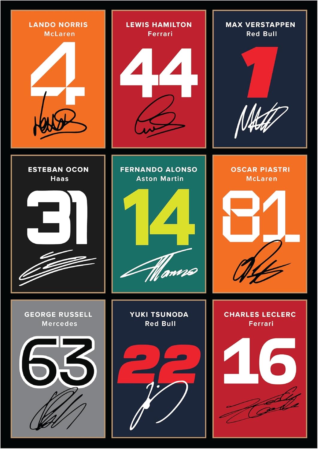 Icons Wall Art Norris Hamilton Verstappen Ocon Alonso Piastri Russell Tsunoda Leclerc Signed A4 Printed Photo Picture Display Gift For Formula 1 Fans Digitally Reproduced Signature Unframed