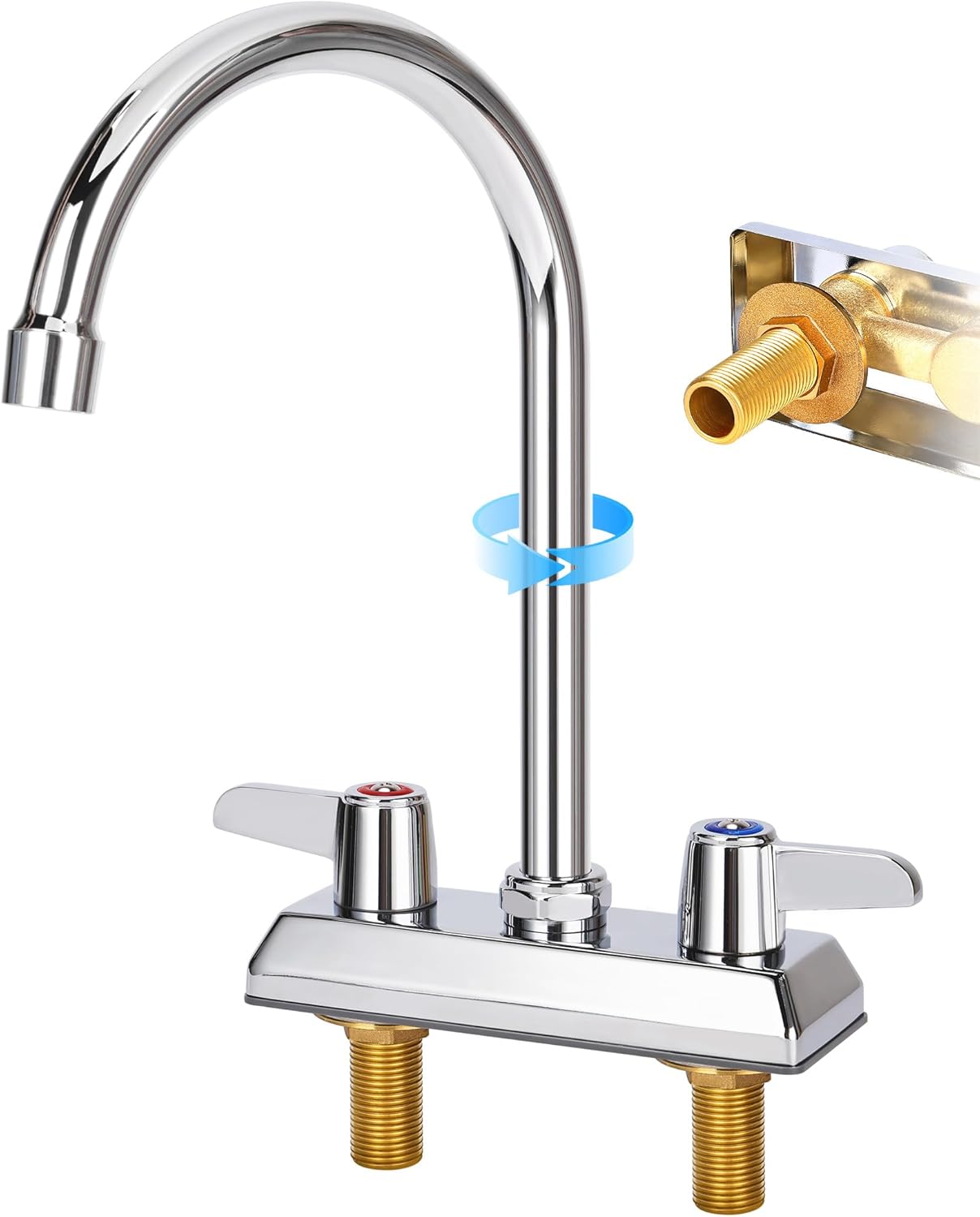 Commercial Bar Sink Faucet,4 Inch Center Deck Mount Utility Sink Faucet, 2 Hole Brass Constructed,Chrome Polished with 6" Gooseneck Spout and 90°Rotatable Dual Lever Handles.