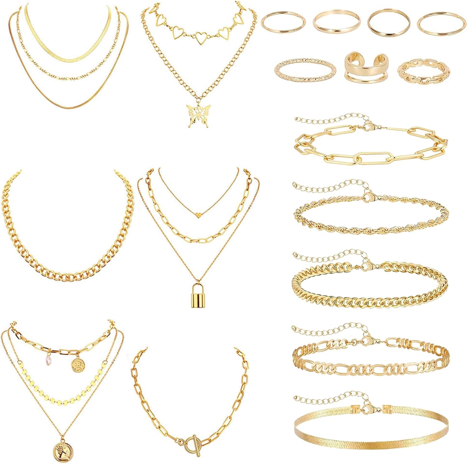 DAVBNM 17Pcs Gold Silver Jewelry Sets Rings Bracelets for Women Layered Necklace Chunky Knuckle Rings, Women's Jewellery Set, Fashion Necklace Stack Waterproof Gold Jewellery Set for Women