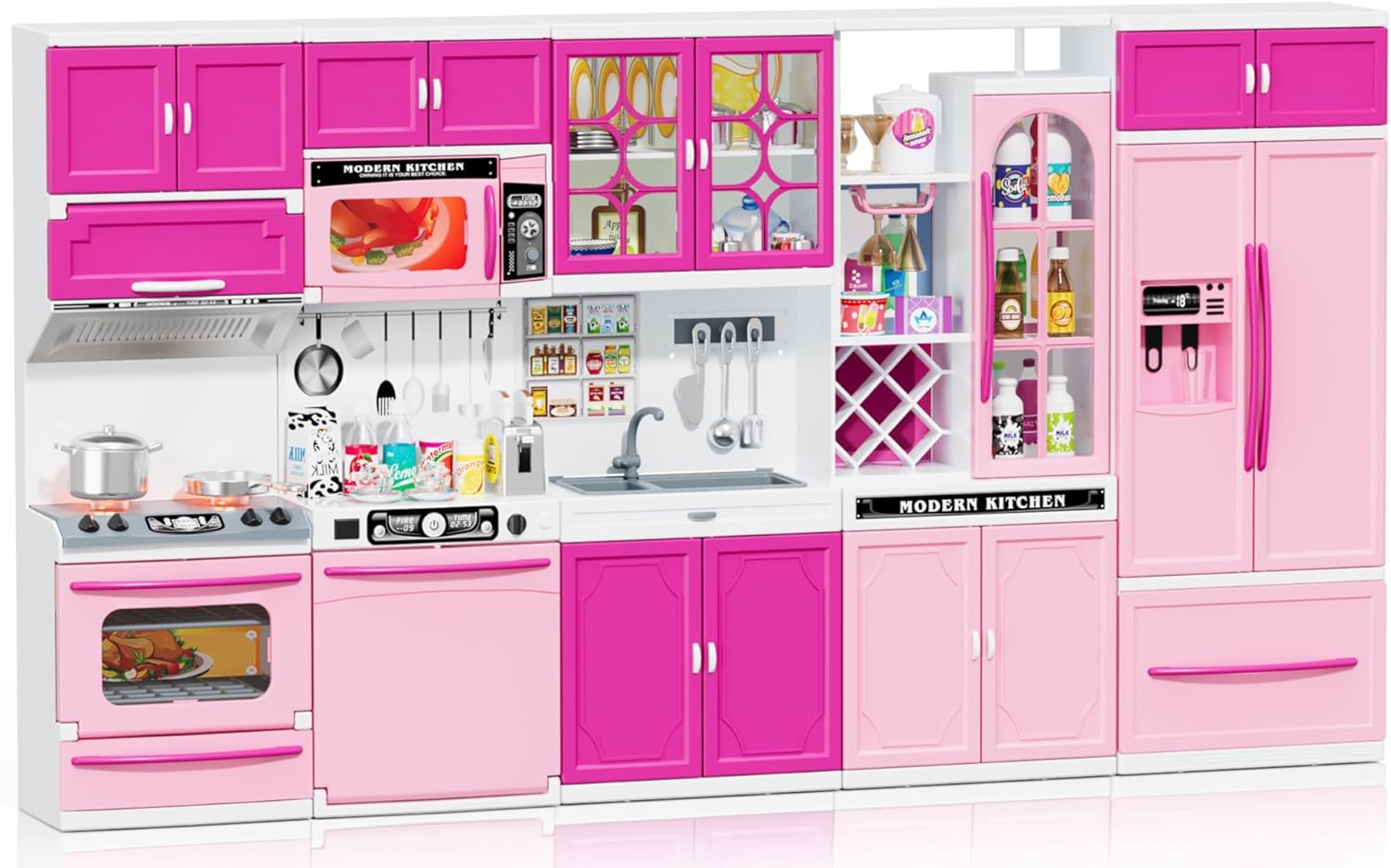 5-in-1 Kids Kitchen Playset with Realistic Lights & Sounds, Mini Kitchen Toys for Girls, Doll Kitchen House Toy, Mini Furniture Pretend Play Toys for Toddler Age 3+, Pink