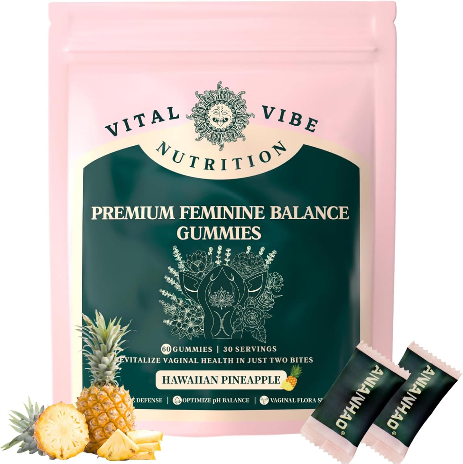 Feminine Balance Gummies - Advanced Probiotics for Women of All Ages - Collagen Gummies for Women - Hawaiian Pineapple PH Balance Gummies - Vegetarian Friendly, Single Package (1Bags/60Grain)
