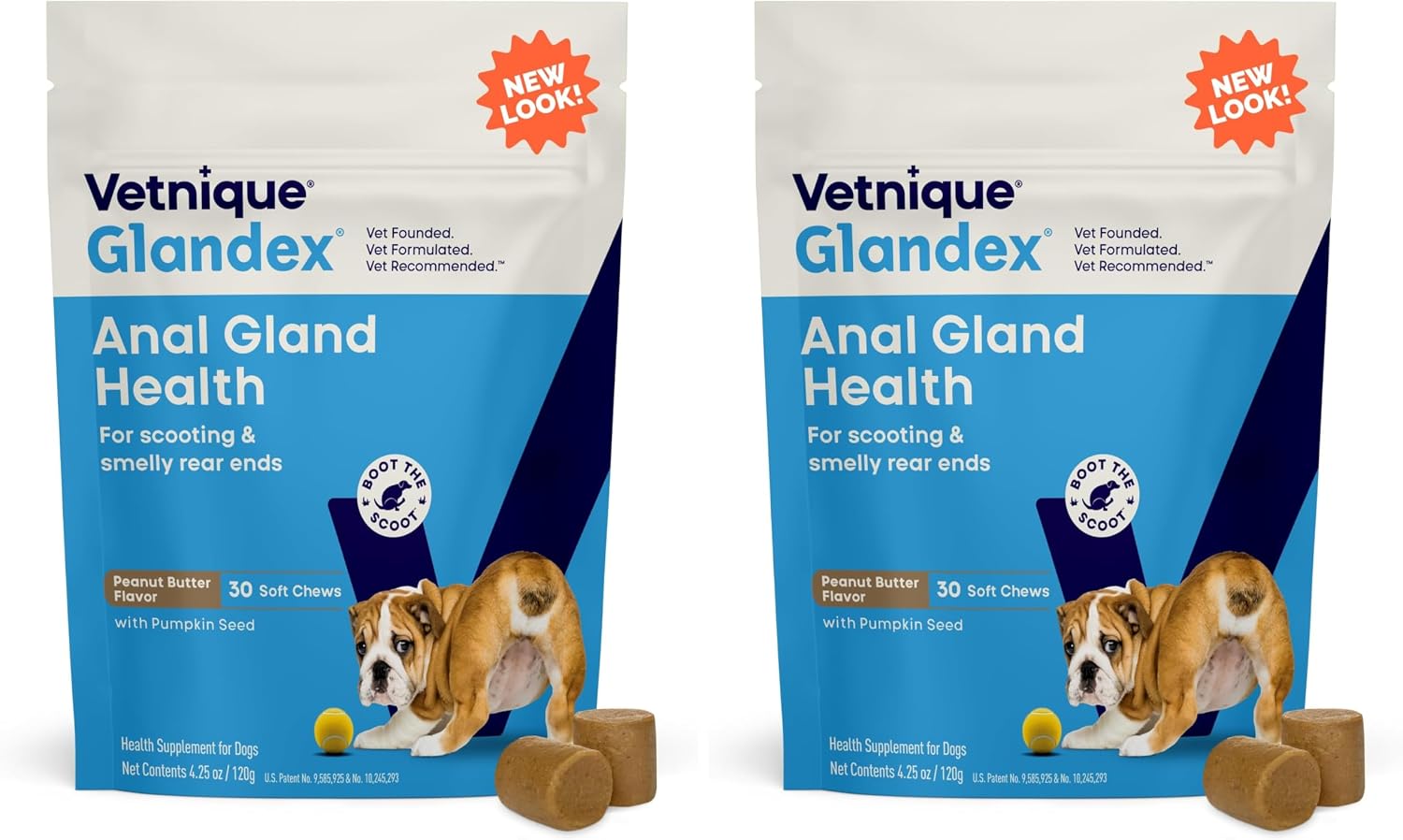 Vetnique Glandex Anal Gland Soft Chew Treats with Pumpkin for Dogs Digestive Enzymes, Probiotics Fiber Supplement for Dogs Boot The Scoot (30ct, Peanut Butter Chews) (Pack of 2)