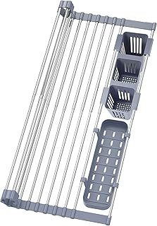 Expandable Roll Up Dish Drying Rack Up to 22.8''with 2 Storage Baskets,Over The Sink Kitchen Rolling up Dish Drainer, Foldable,Rollable for Cups,Fruits,Forks
