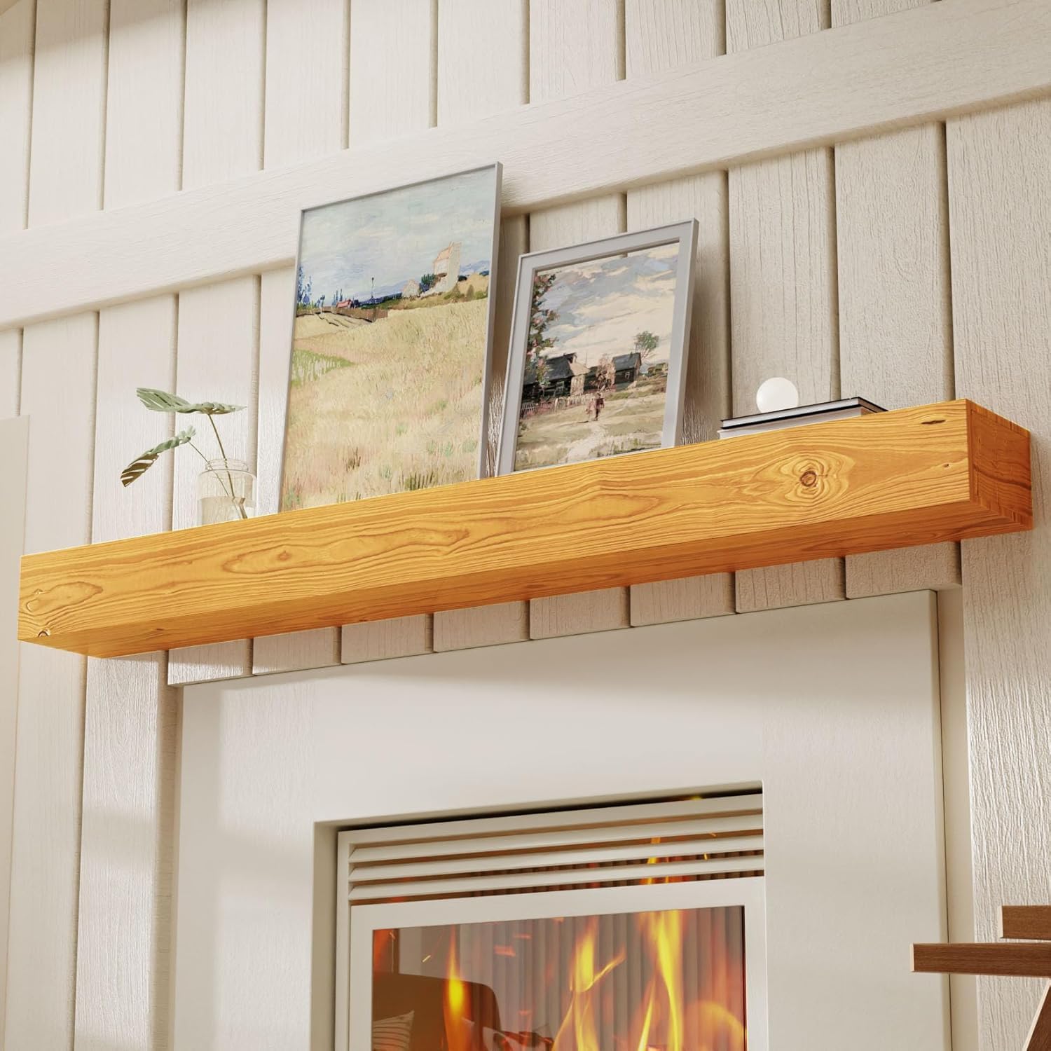 Floating Fireplace Mantel Shelf 60 inch Rustic Solid Wood Mantels for Fireplace Natural Pine Wood Mantle for Fireplace Living Room Farmhouse - 60 X 8 X 5,Rustic Natural