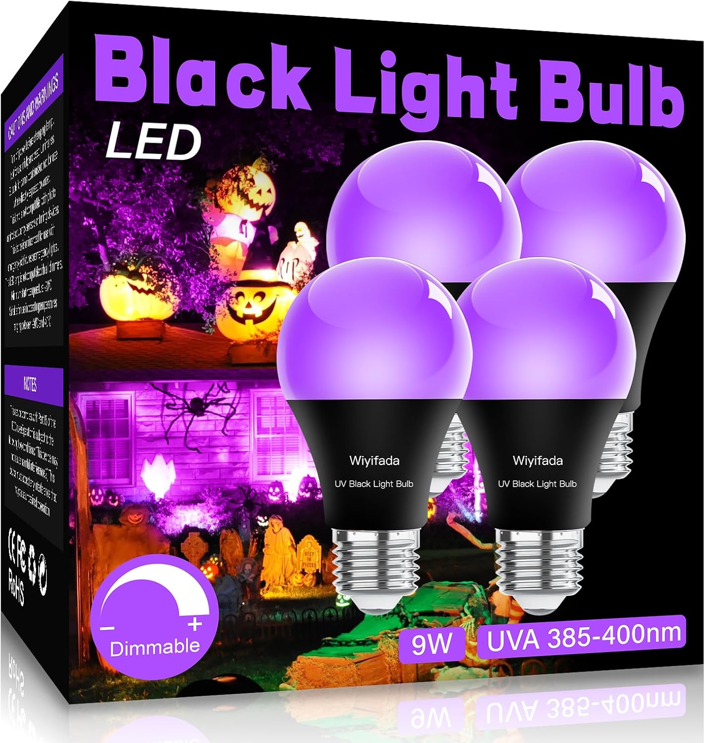 LED Black Light Bulbs 4 Pack, Dimmable A19 9W,UVA Level 385-400nm