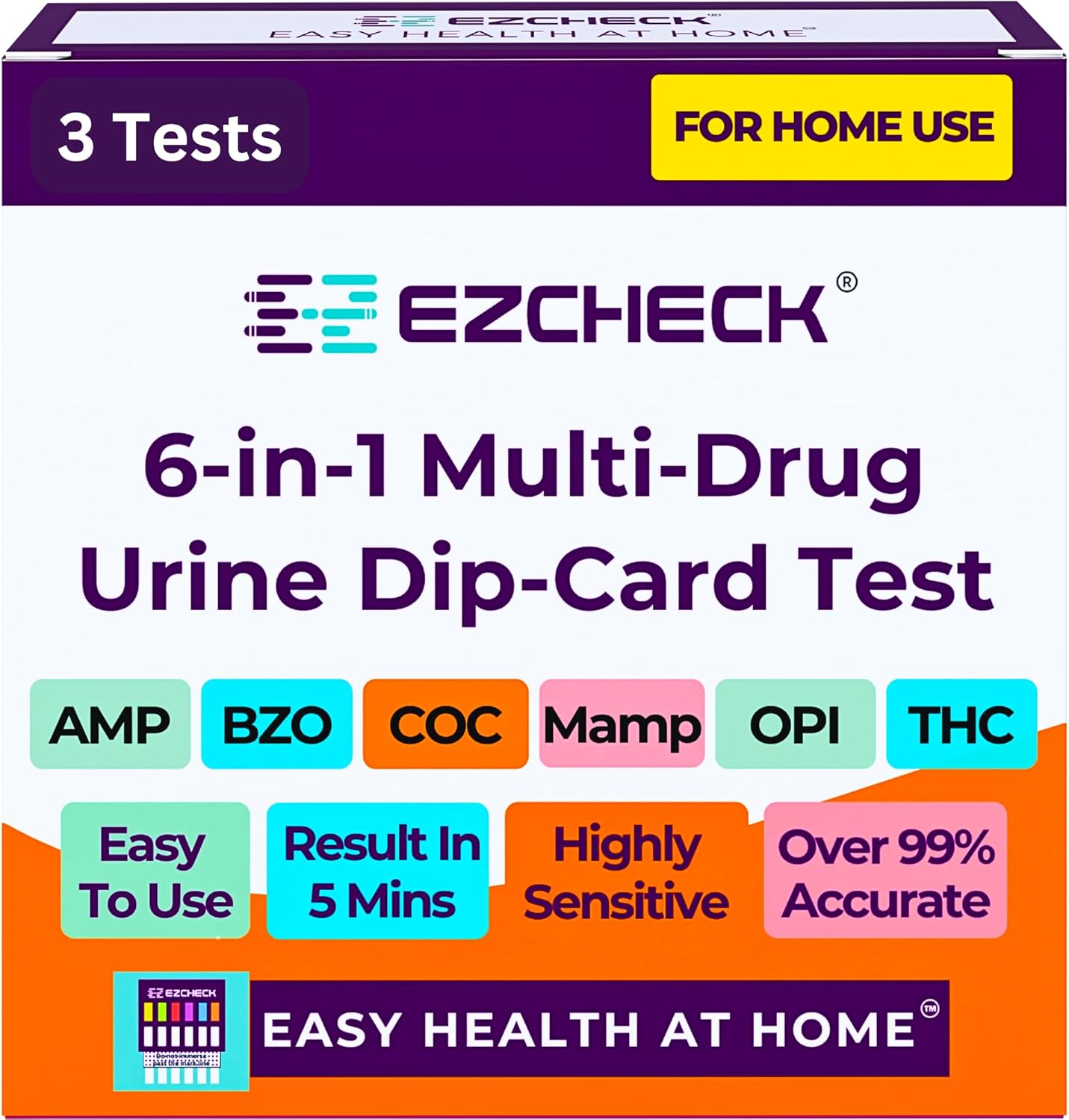 [3 Pack] EZCHECK® 6-Panel Drug Test - at-Home Rapid Urine Screening Kit for 6 Most Used Drugs: (THC-Marijuana, BZO-Benzos, MET-Meth, OPI/MOP-Opiates, AMP-Amphetamine, COC)
