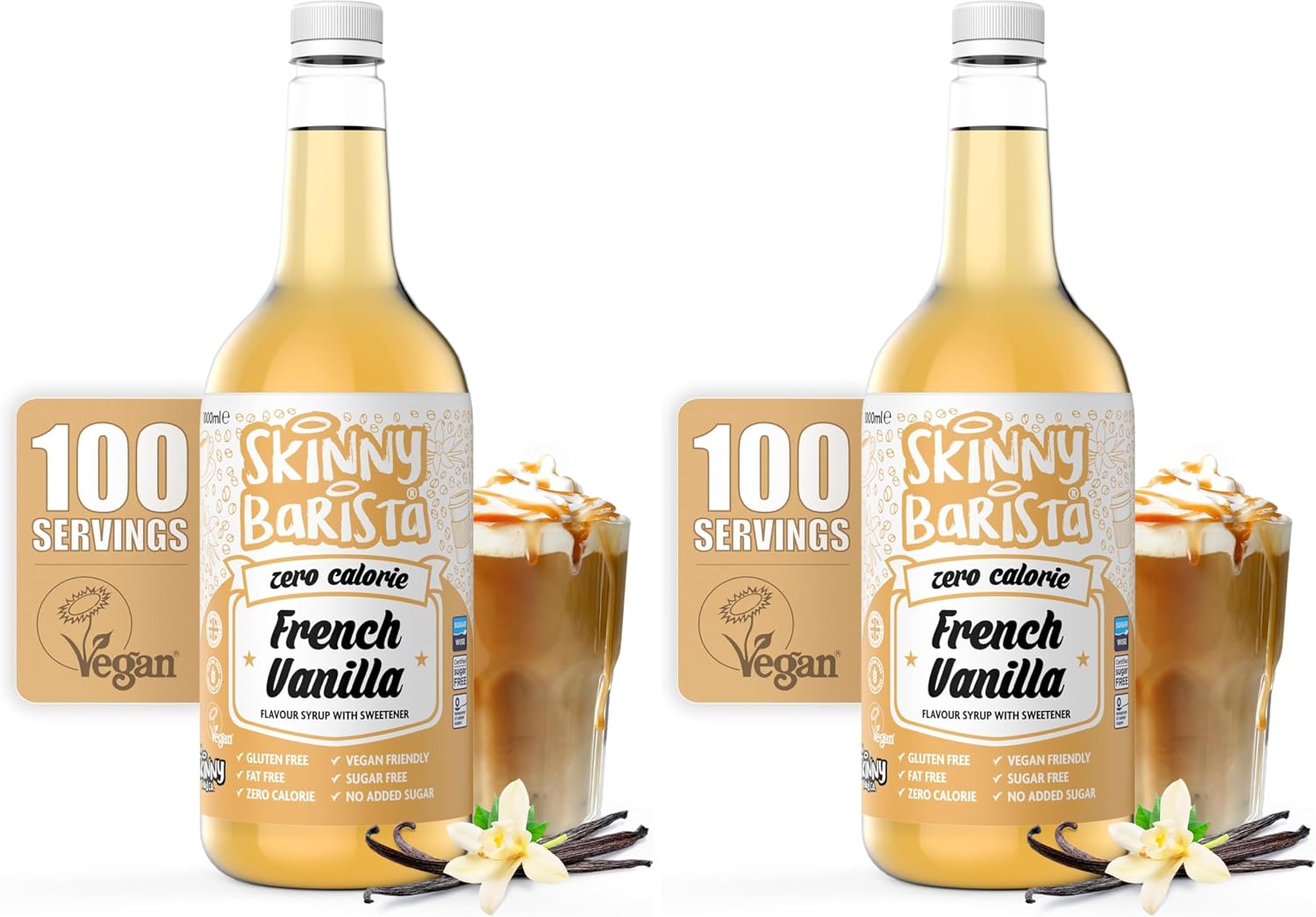 Skinny Food Co French Vanilla Coffee Syrup - Sugar Free 1L - Zero Calorie Coffee Syrup For Coffee, Tea, Hot Chocolate, Fruit, Protein Drinks - Vegan-Friendly, Gluten-Free & Fat-Free (Pack of 2)
