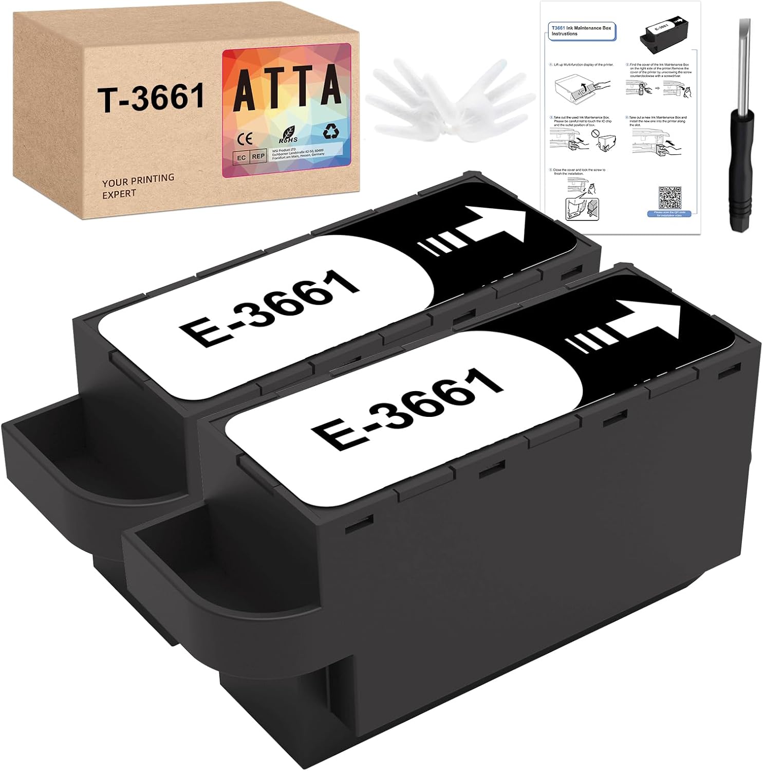 2 Pack T3661 Maintenance Box Replacement for Epson Maintenance Tank E-3661 C13T366100, Work with XP-8500 XP-8505 XP-8600 XP‑8605 XP-15000 XP-6000 XP-6001 XP-6005 XP-6100 XP-6105 XP-970