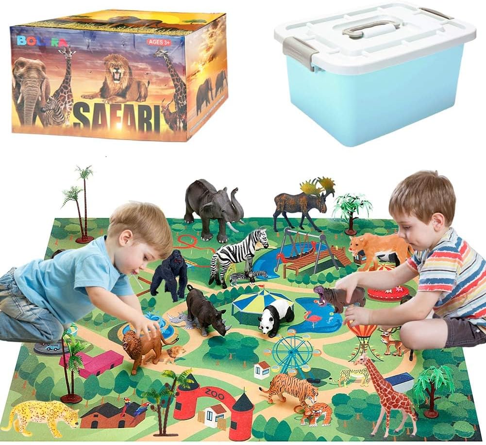 BOLZRA Safari Animals Figures with Activity Play Mat & Storage Box, Realistic Plastic Jumbo Playset with Lion Elephant Jungle Wild Zoo Animals Toys for Kids Toddler 3-5, 22Pcs