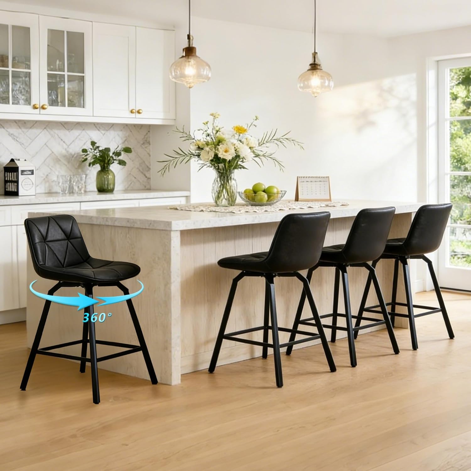 ClinQ 26" Counter Height 360° Swivel Bar Stools Set of 4, Triangular Patterned Faux Leather Seat, Metal Legs Back, Barstools for Kitchen Counter & Island Chairs, Retro Black