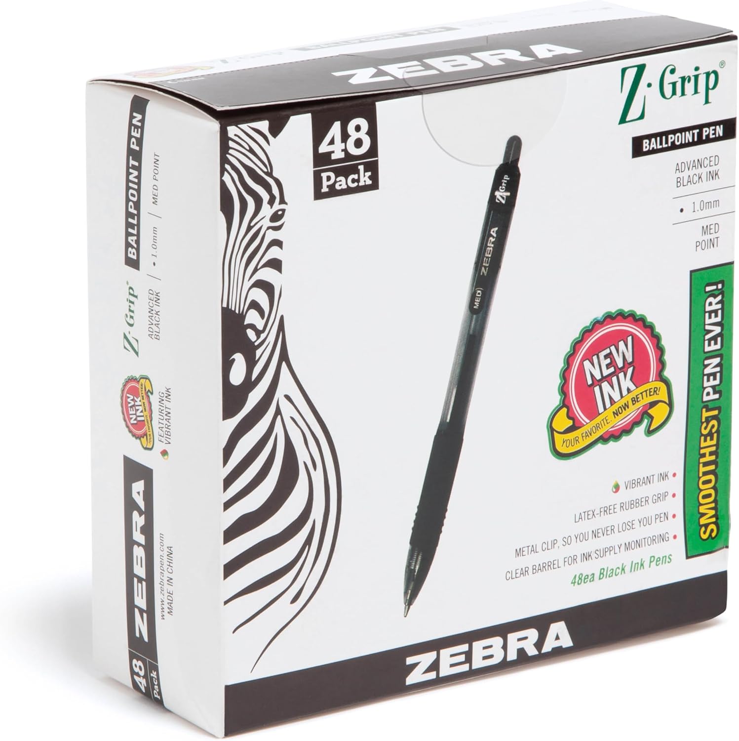 Zebra Pen Z-Grip Retractable Ballpoint Pen, Medium Point, 1.0mm, Black Ink, 48-Pack