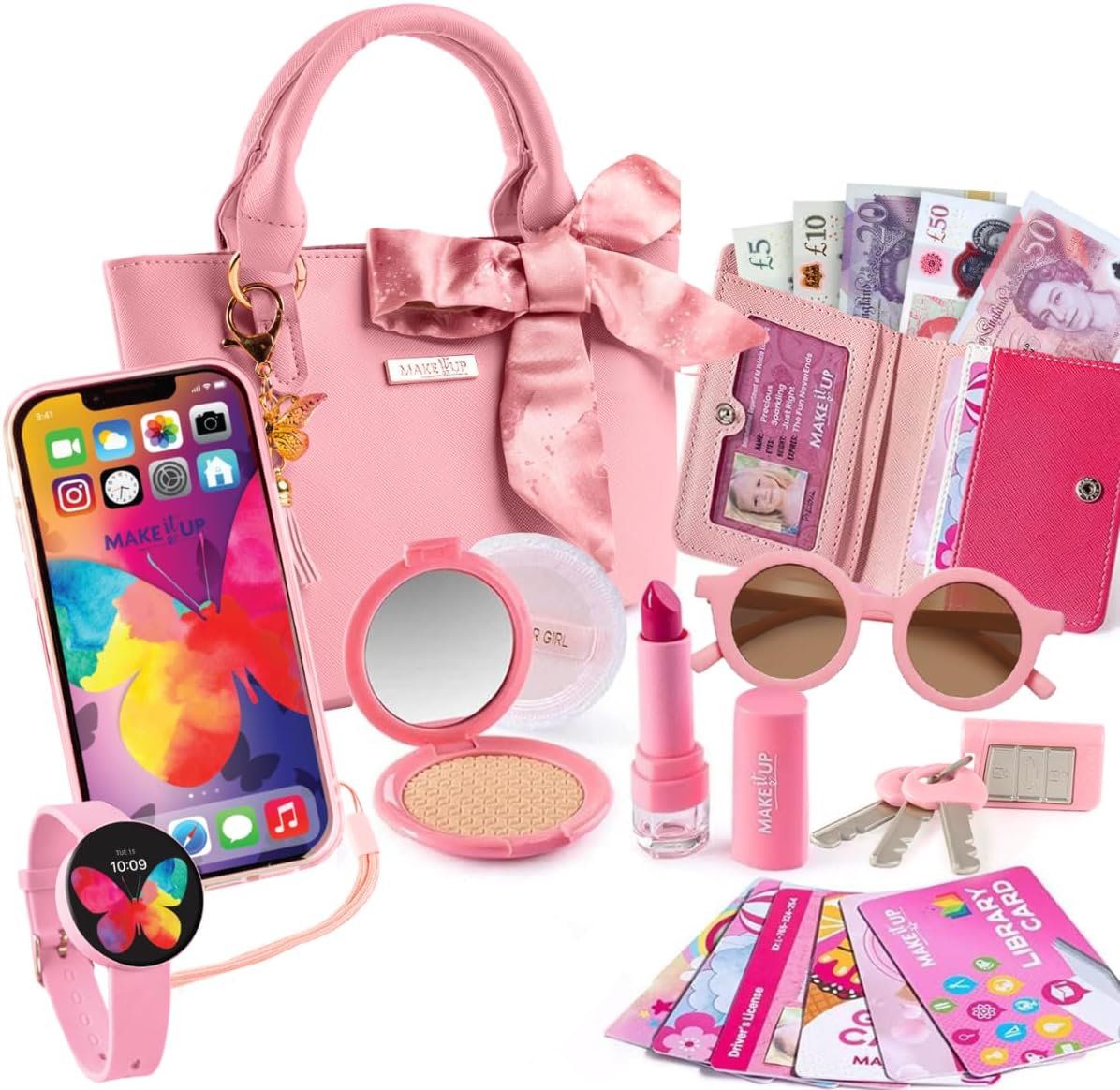 Play Purse for Little Girls and Toddlers with Pretend Play Accessories: Toy Phone, Wallet, Credit Cards, Keys, Makeup for Role Playing Ages 3 4 5 6 7 8 Years and Up (GBP Version)