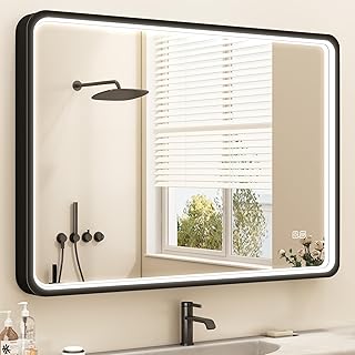 LED-Bathroom-Mirror-with-Lights, 28"x36" Wall-Mounted with Anti-Fog, 3 Colors Dimmable Light, Waterproof, Tempered Glass, Black Framed