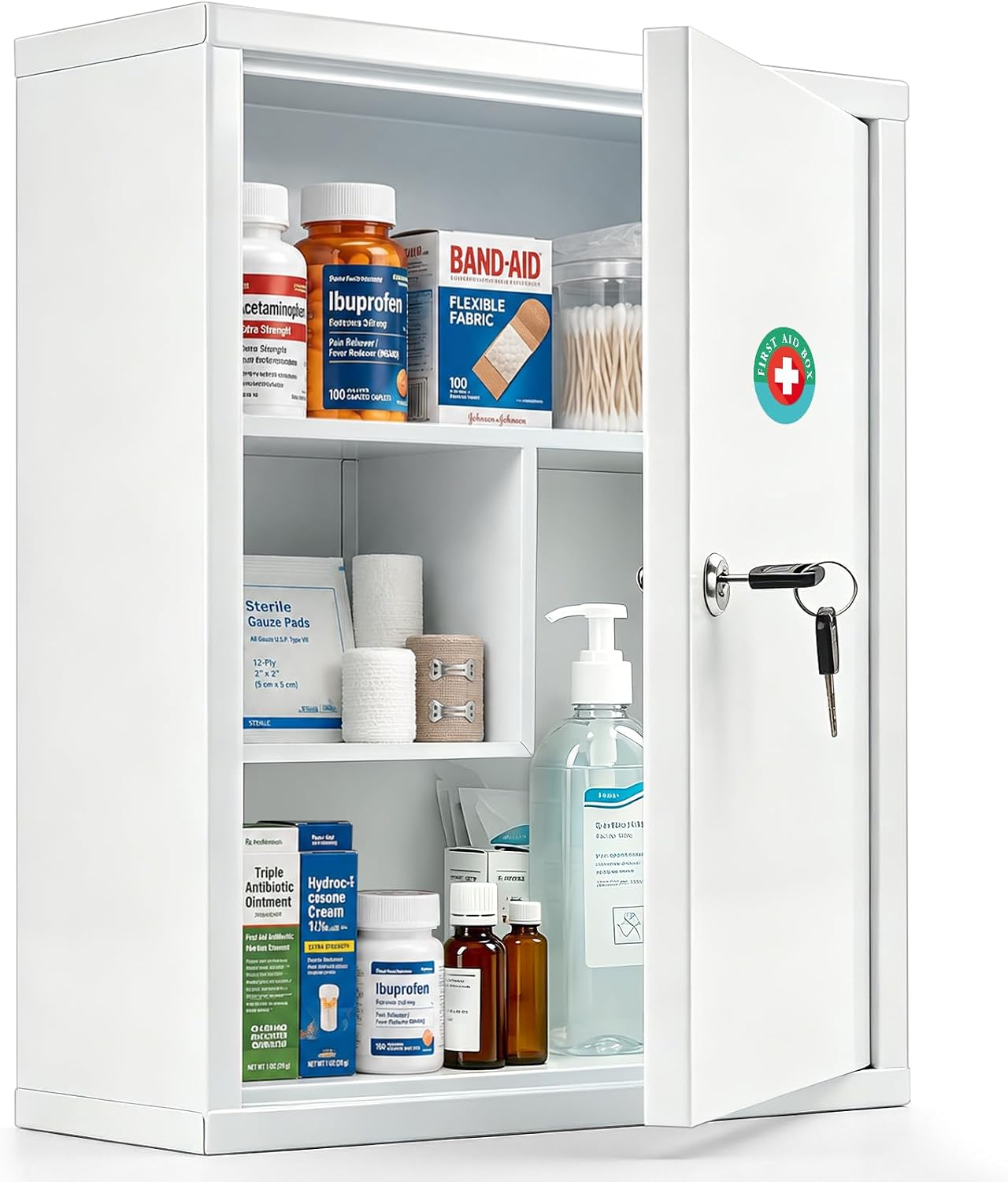 KYODOLED Locking Medicine Cabinet with Keys, Wall Mount, 15.75 Inch, White