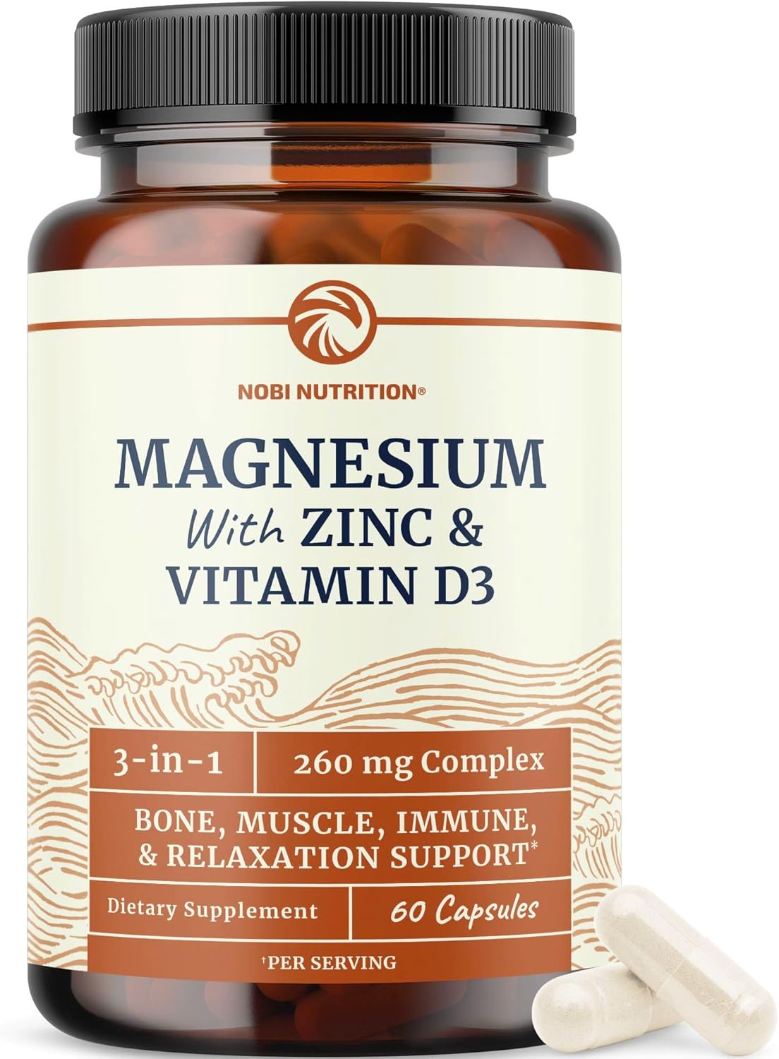 Magnesium Zinc & Vitamin D3 | 260MG Complex | High Absorption Mag Citrate, Glycinate & Malate | Muscle, Nerve Function & Bone Health Support | Zinc and Magnesium Supplement with VIT D3 | 60 Ct.