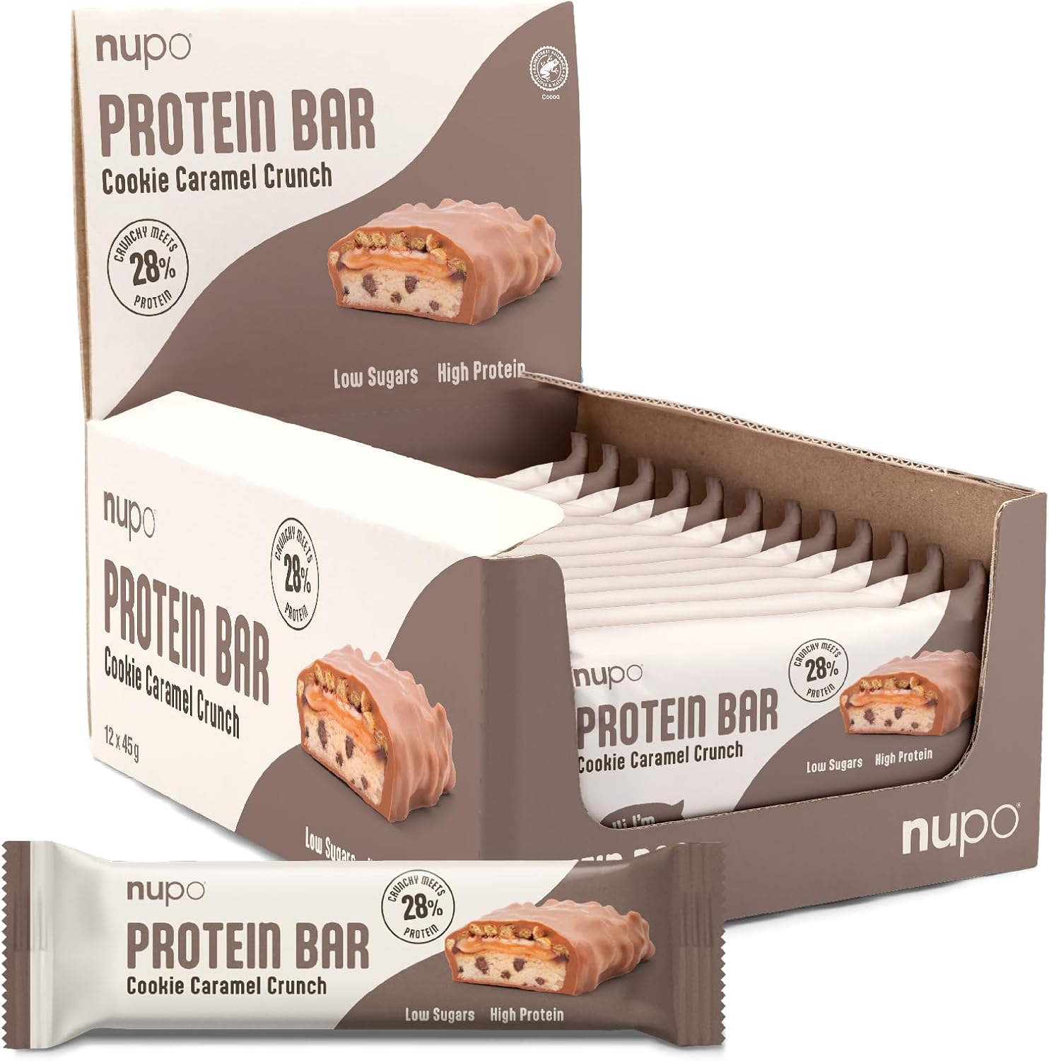 Nupo Protein Bar Cookie Caramel Crunch | 13g Protein per bar | Low Sugars Bar | Gluten Free | 45g x 12 Pack Nutritional Protein Bars