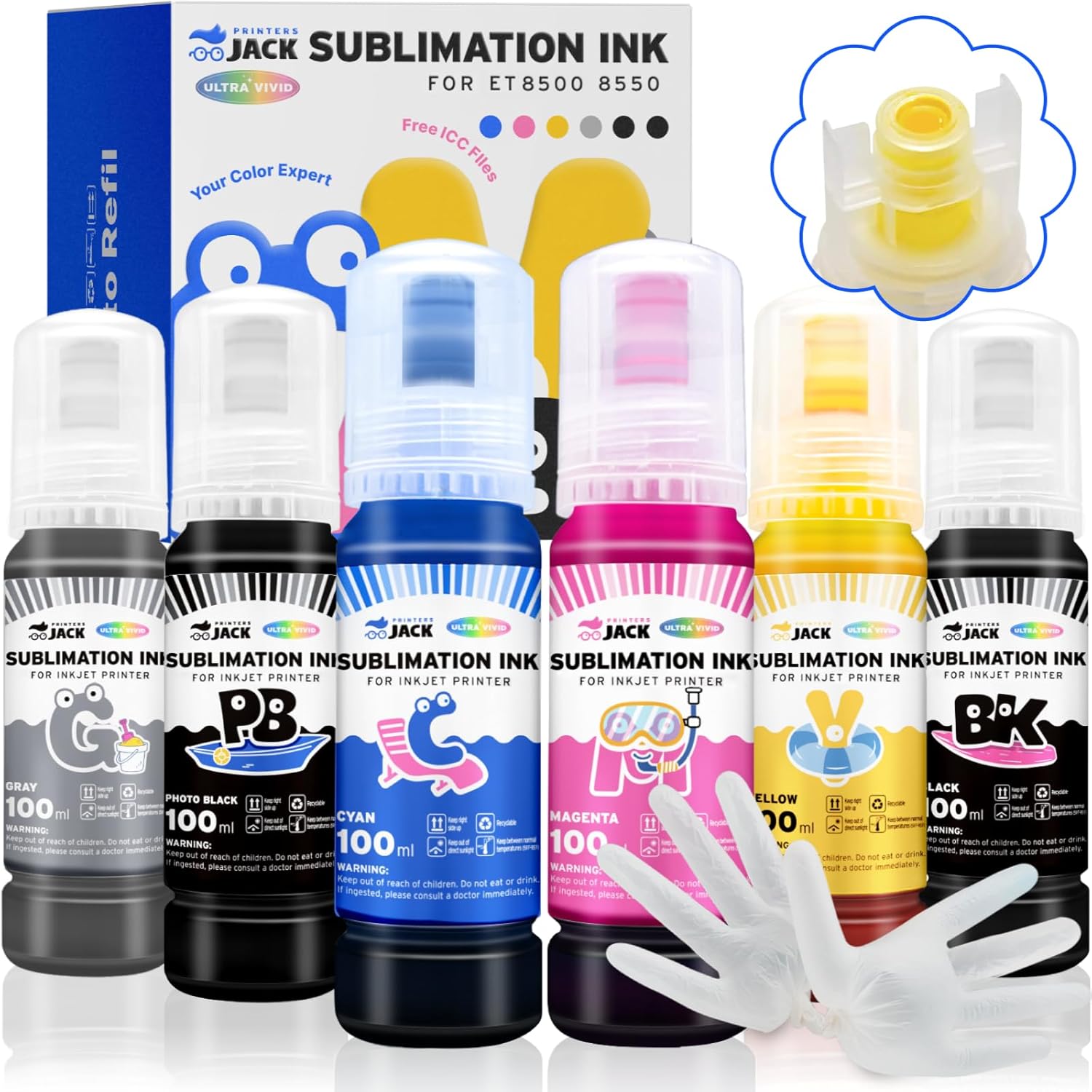 Printers Jack 600ML Sublimation Ink for ET-8500 ET-8550 Wide-Format Supertank Printers Heat Press Transfer on T-Shirt Tumblers (6x100ML, BK PB C M Y GY) Bigger Bottles to Fill The Tanks(Autofill)