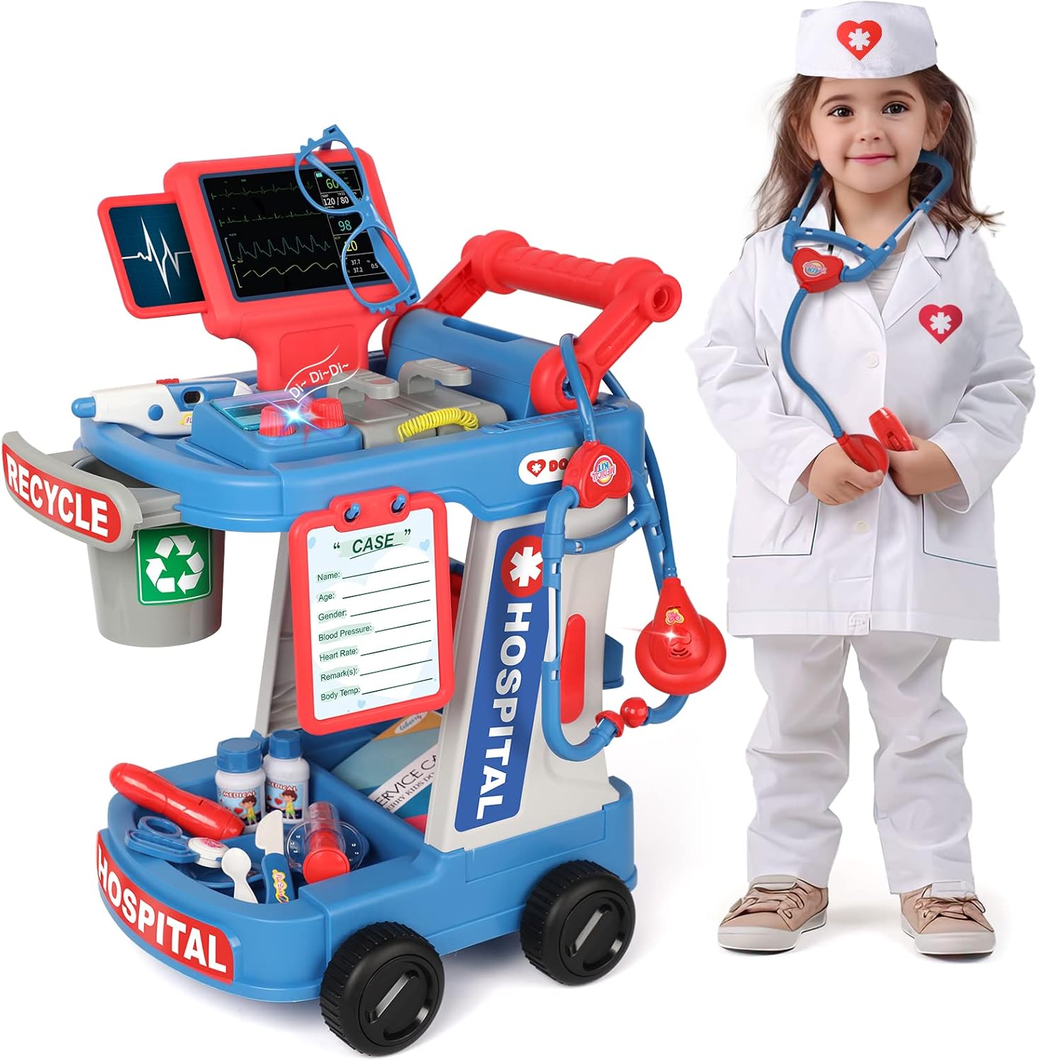 Liberry Doctor Kit for Kids Aged 3 4 5, Pretend Doctor Playset for Toddlers with Cart, Costume and Stethoscope, Role Play Medical Toy for Girls Boys