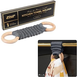 Hanging Kitchen Dish Towel Holder (Handmade Crochet), Decorative Boho Macrame Kitchen Towel Hanger Loop Ring Makes a Unique Gift for Housewarming, Birthday, Mother's Day - 11 Inches (Grey)