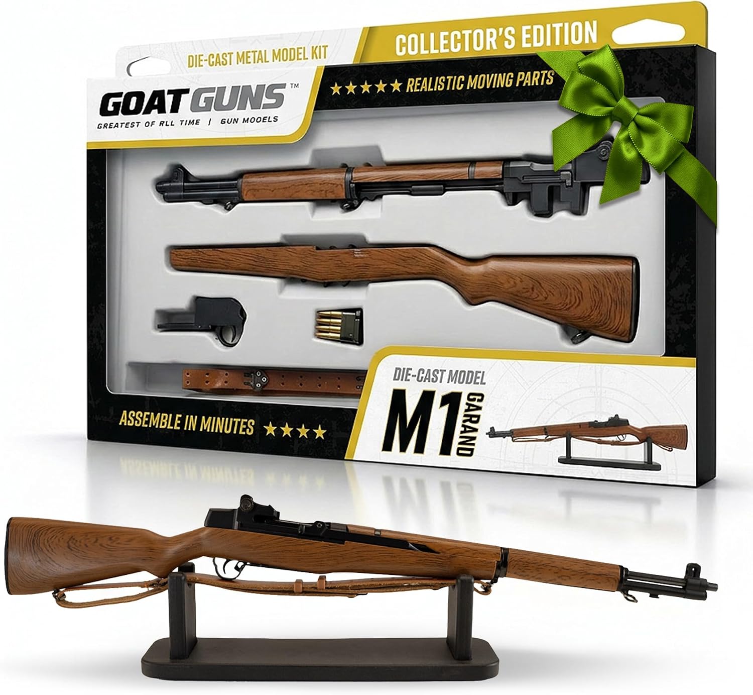 GOAT GUNS M1 Garand (Patton) | 1:4 Scale Diecast Metal Build Kit, Black & Wood Grain | Non-Firing WW2 Replica with Leather Sling for Display, Man Cave & Gaming | Collectible Gun Model for Adults