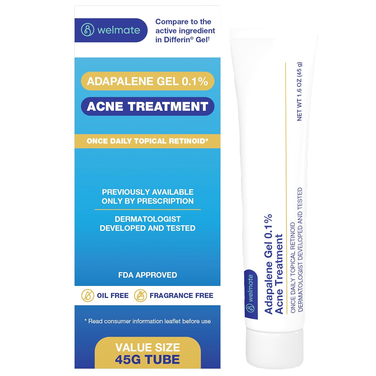 WELMATE - Adapalene Gel 0.1% - Acne Treatment - Skin Care - Daily Topical - Acne Skincare - Pimple Cream - Acne Cream - Oil & Fragrance Free - 1.6oz / 45g