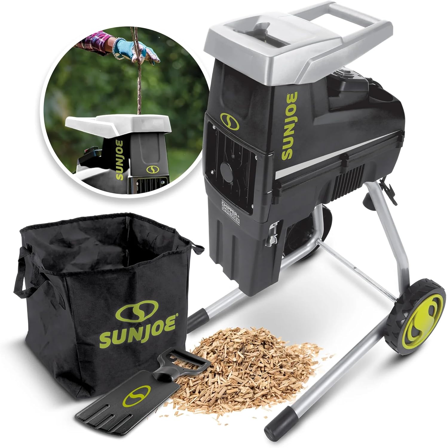 Sun Joe CJ603E 15-Amp 1.7-Inch Cutting Diameter Electric Silent Wood Chipper/Shredder, green